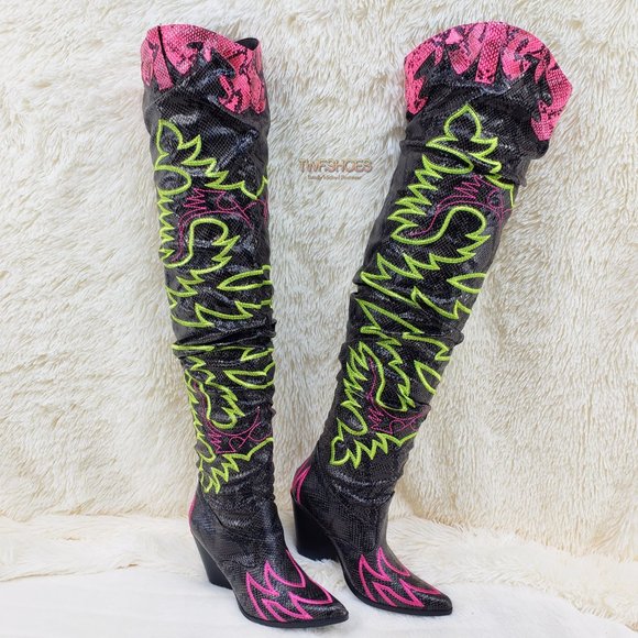 Cape Robbin Shoes - Thigh High Western cowboy slouch boots black neon